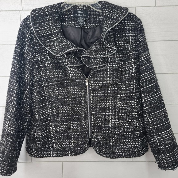 Trenz Theresa Renz Jacket Tweed Black White Ruffle Collar Zipper XL Plaid Career - Picture 4 of 8